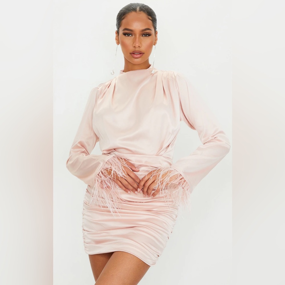 PrettyLittleThing Pink Satin Feather Cuff Bodycon Mini Dress Long Sleeve Size 2